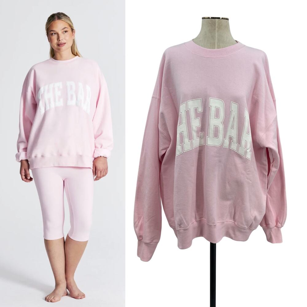 The Bar Varsity Sweatshirt Pink White‎ Lettering Fleece Oversized Size XL